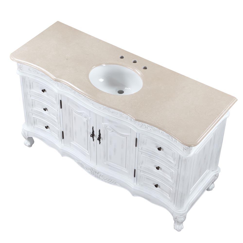 60" Single Sink Cabinet - Cream Marfil Top, Undermount White Ceramic Sink (3-hole)