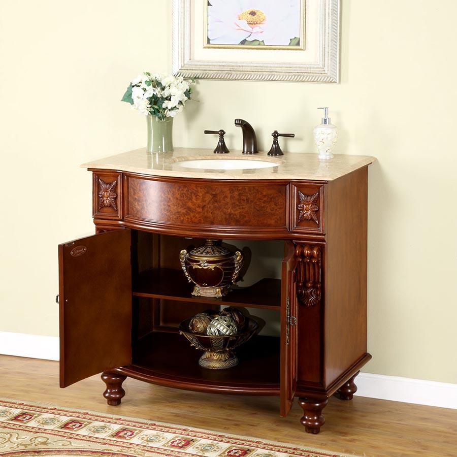 36" Single Sink Cabinet - Travertine Top, Undermount Ivory Ceramic Sink (3-hole)