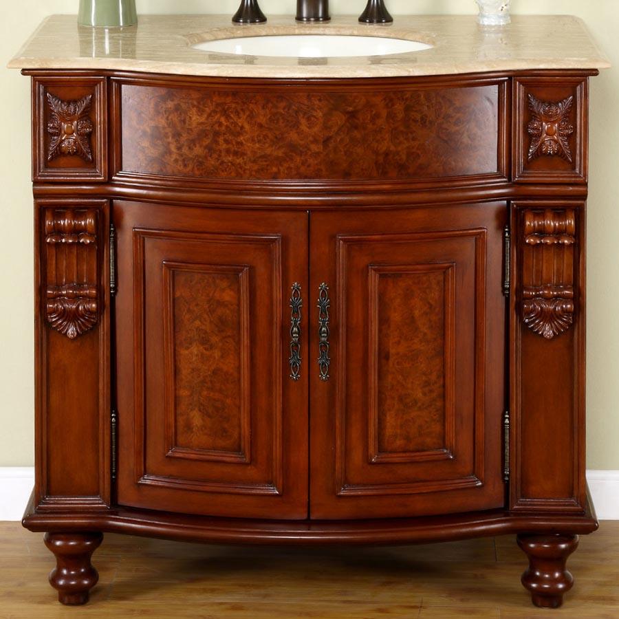 36" Single Sink Cabinet - Travertine Top, Undermount Ivory Ceramic Sink (3-hole)