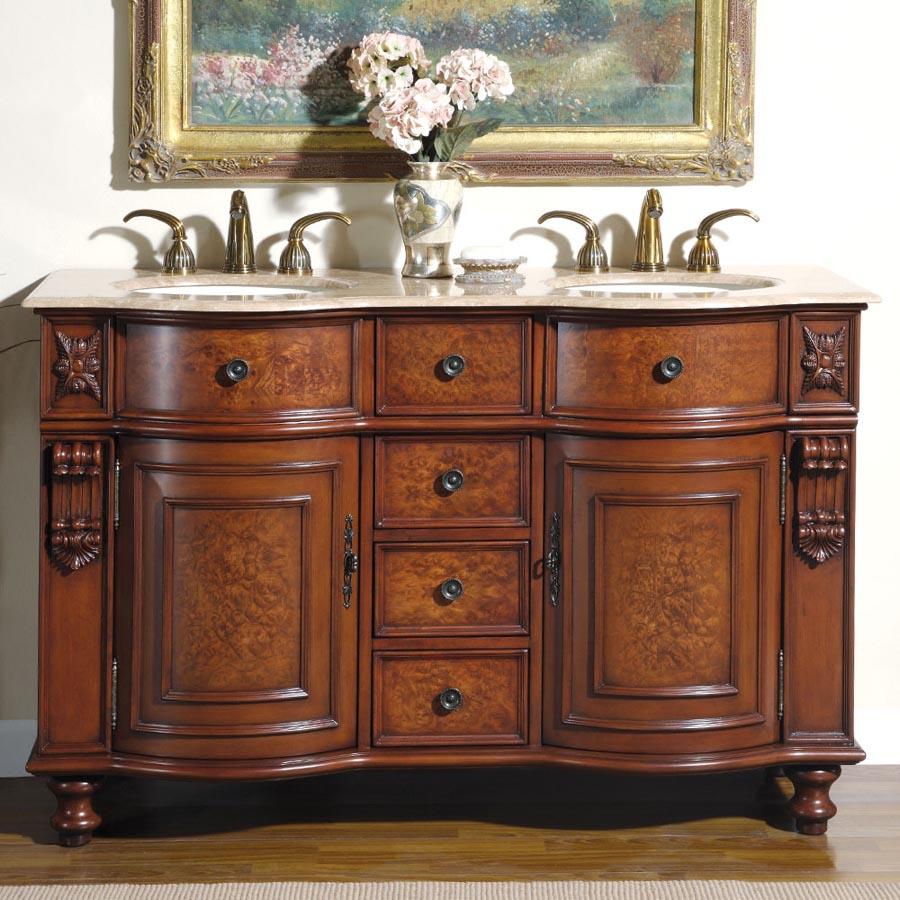 55" Double Sink Cabinet - Travertine Top, Undermount Ivory Ceramic Sinks (3-hole)
