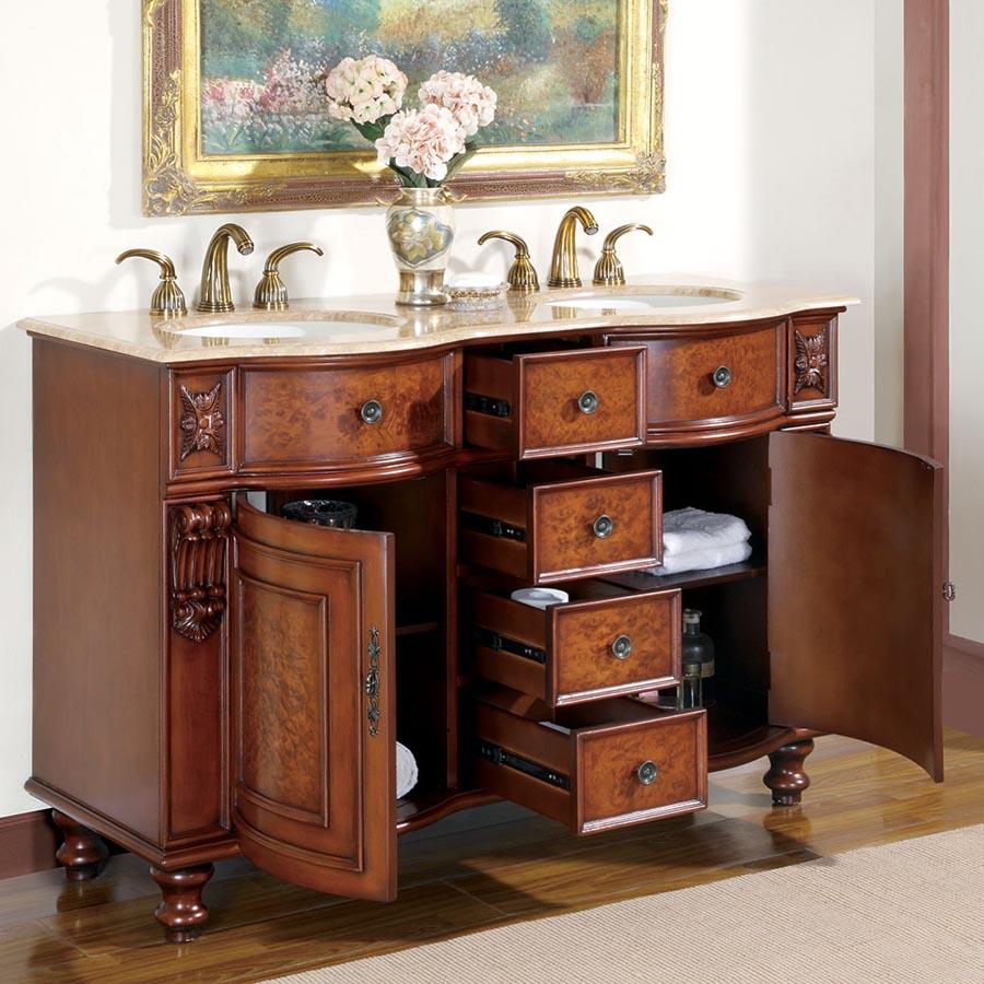 55" Double Sink Cabinet - Travertine Top, Undermount Ivory Ceramic Sinks (3-hole)