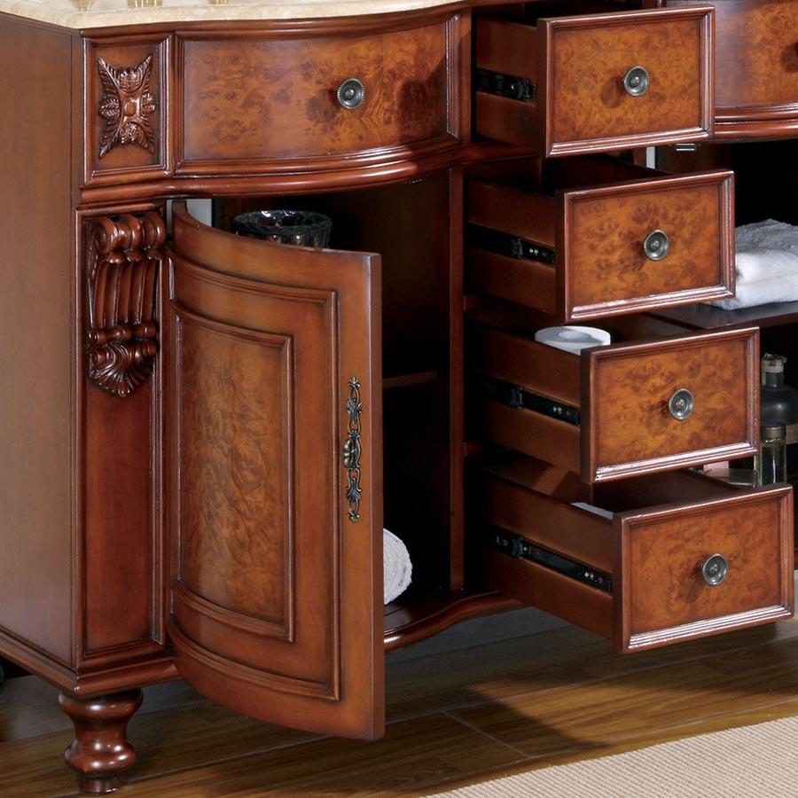55" Double Sink Cabinet - Travertine Top, Undermount Ivory Ceramic Sinks (3-hole)