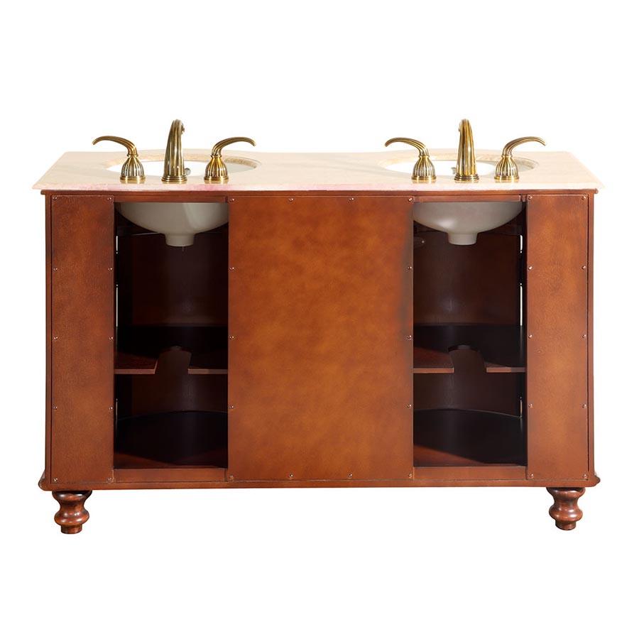 55" Double Sink Cabinet - Travertine Top, Undermount Ivory Ceramic Sinks (3-hole)