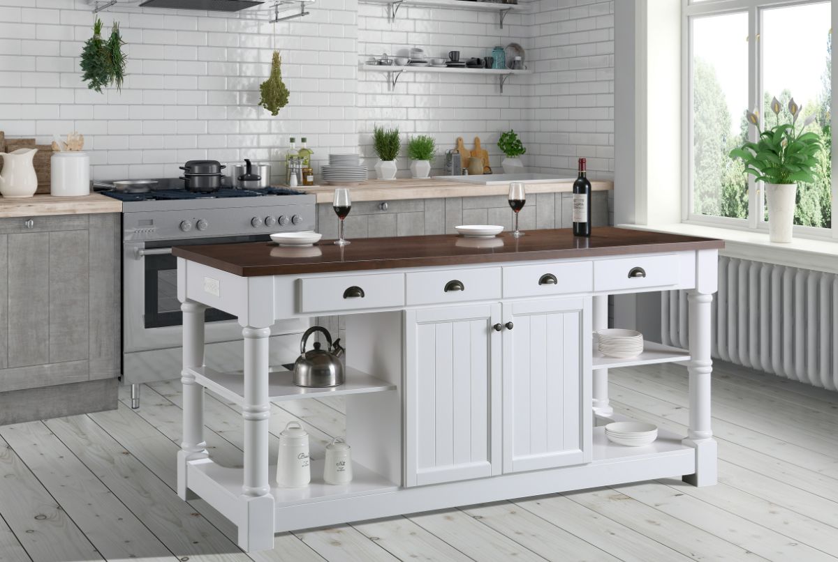 Monterey 80 In. Kitchen Island With Dark Walnut Veneered Wood Countertop in White