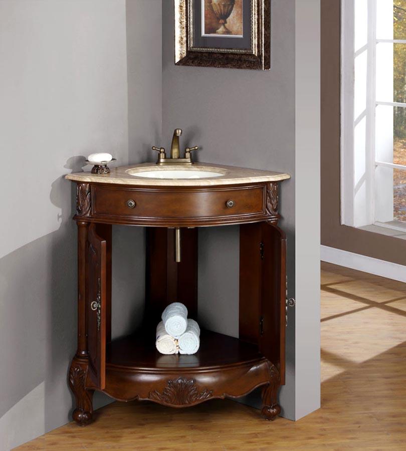 32" Single Corner Sink Cabinet - Travertine, Undermount White Ceramic Sink (4"-center)