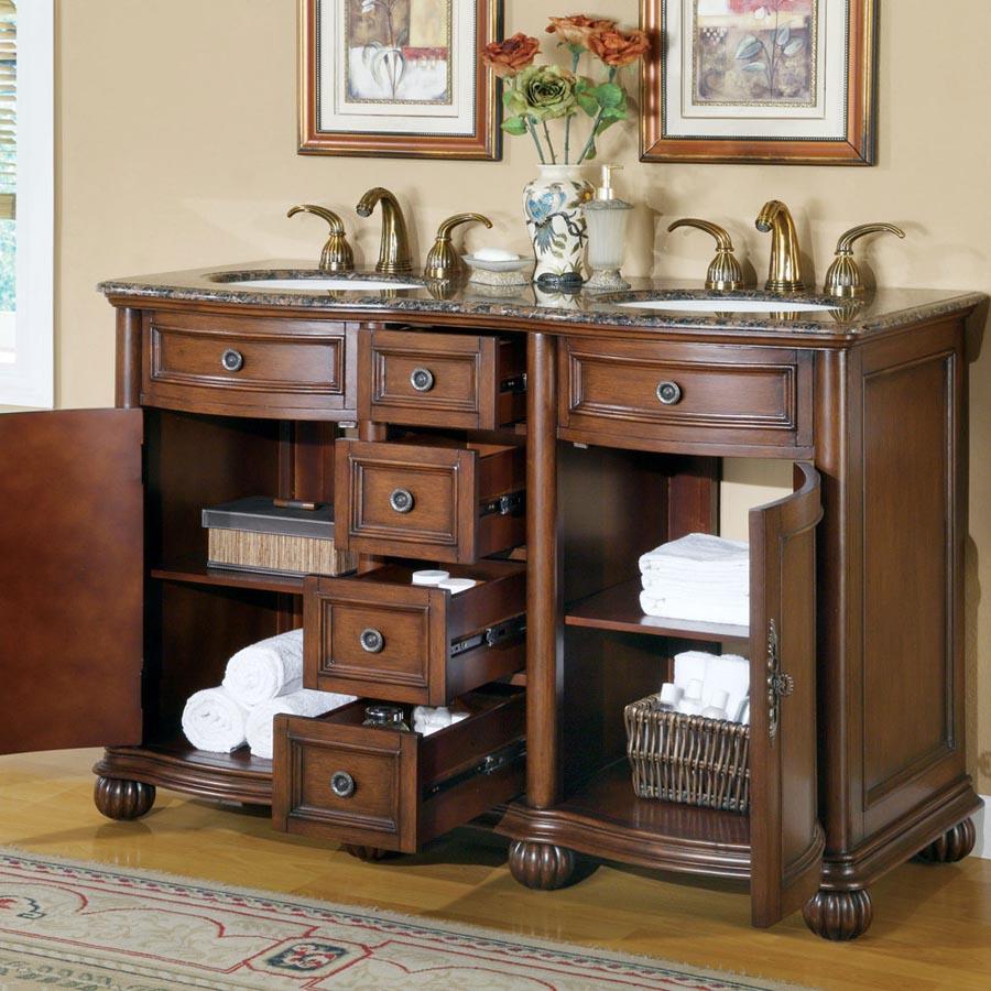 52" Double Sink Cabinet - Baltic Brown Top, Undermount Ivory Ceramic Sinks (3-hole)