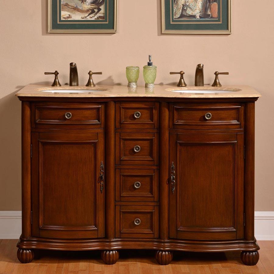 52" Double Sink Cabinet - Travertine Top, Undermount White Ceramic Sinks (3-hole)