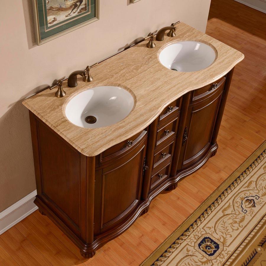 52" Double Sink Cabinet - Travertine Top, Undermount White Ceramic Sinks (3-hole)