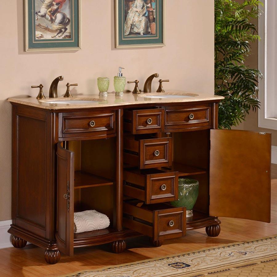 52" Double Sink Cabinet - Travertine Top, Undermount White Ceramic Sinks (3-hole)