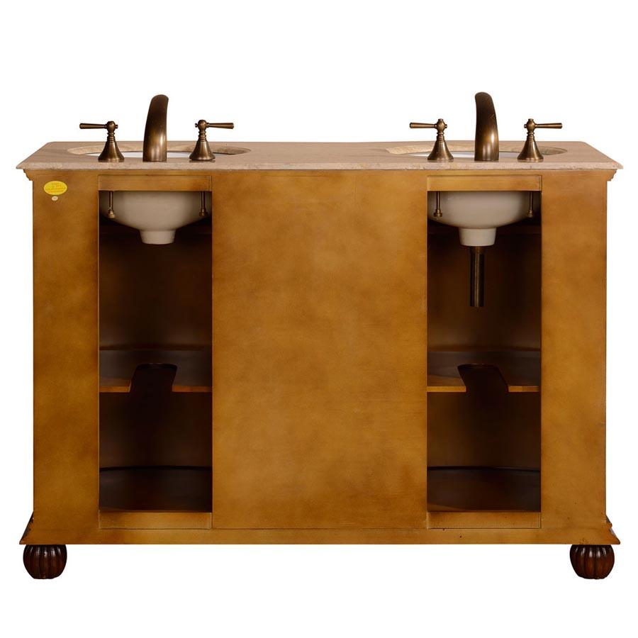 52" Double Sink Cabinet - Travertine Top, Undermount White Ceramic Sinks (3-hole)