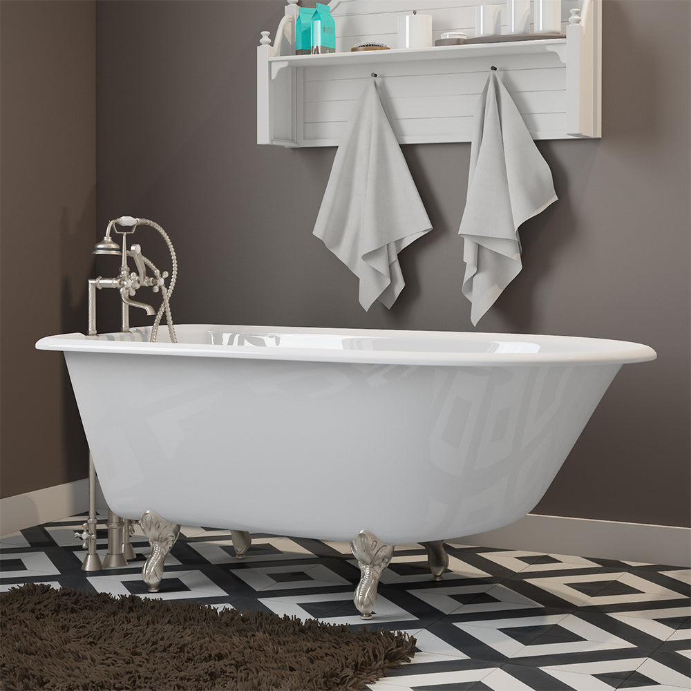 Cast-Iron Rolled Rim Clawfoot Tub 55" X 30" with 7" Deck Mount Faucet Drillings And British Telephone Faucet Complete Brushed Nickel Plumbing Package With Six Inch Deck Mount Risers