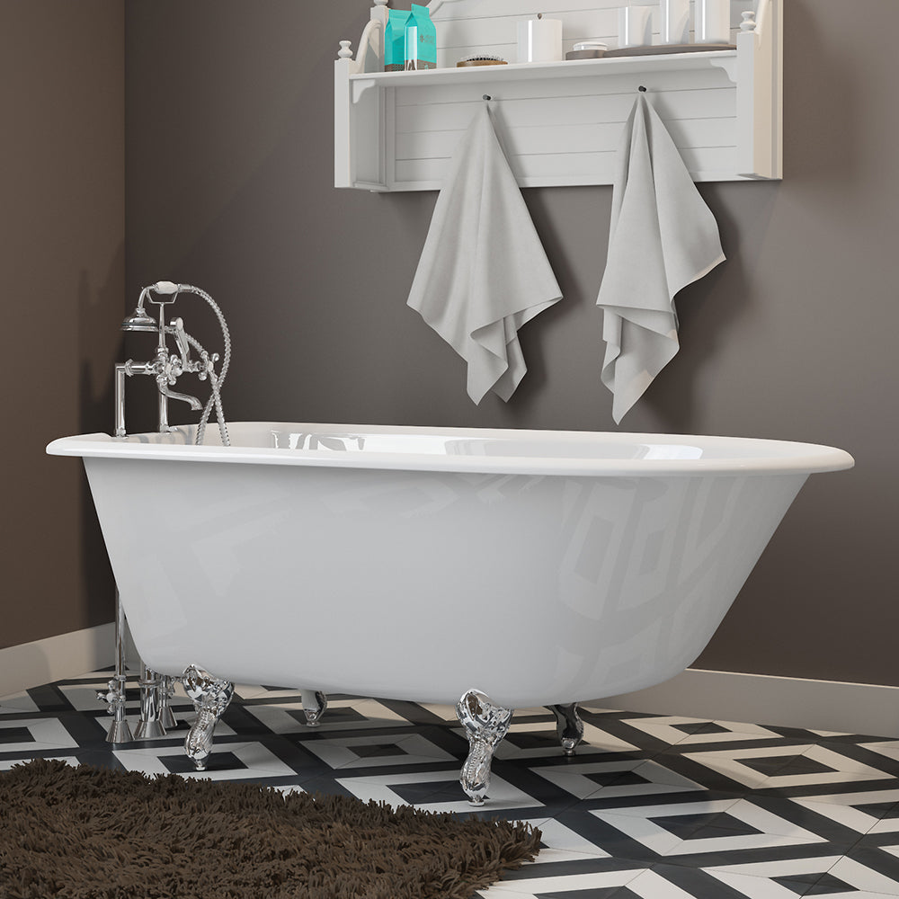 Cast-Iron Rolled Rim Clawfoot Tub 55" X 30" with 7" Deck Mount Faucet Drillings And British Telephone Style Faucet Complete Oil Rubbed Bronze Plumbing Package With Six Inch Deck Mount Risers