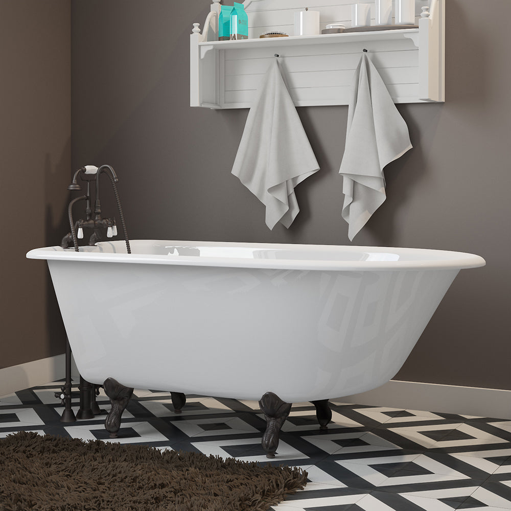 Cast-Iron Rolled Rim Clawfoot Tub 55" X 30" with 7" Deck Mount Faucet Drillings and English Telephone Style Faucet Complete Oil Rubbed Bronze Plumbing Package