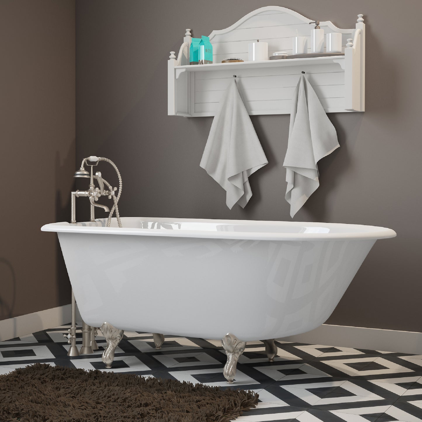 Cast-Iron Rolled Rim Clawfoot Tub 55" X 30" with 7" Deck Mount Faucet Drillings and English Telephone Style Faucet Complete Polished Chrome Plumbing Package