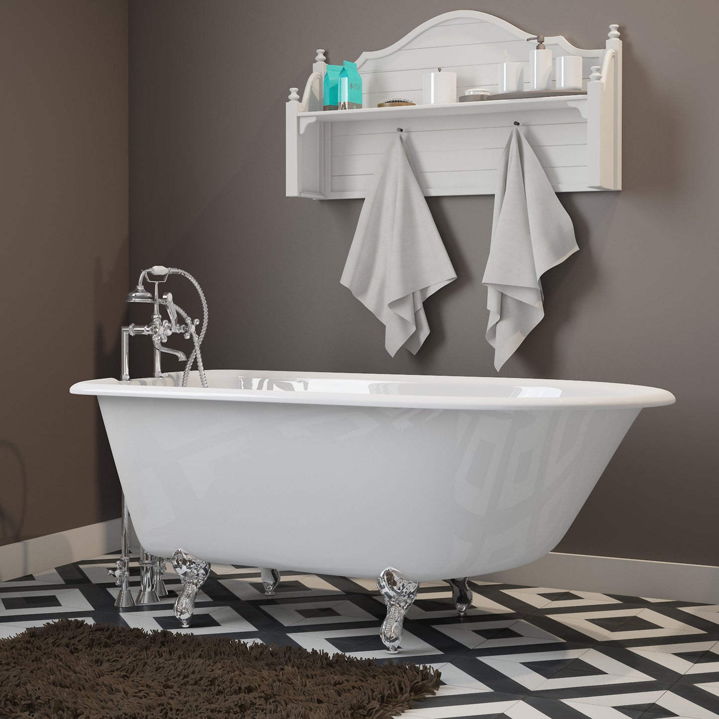 Cast-Iron Rolled Rim Clawfoot Tub 55" X 30" with 7" Deck Mount Faucet Drillings and English Telephone Style Faucet Complete Oil Rubbed Bronze Plumbing Package