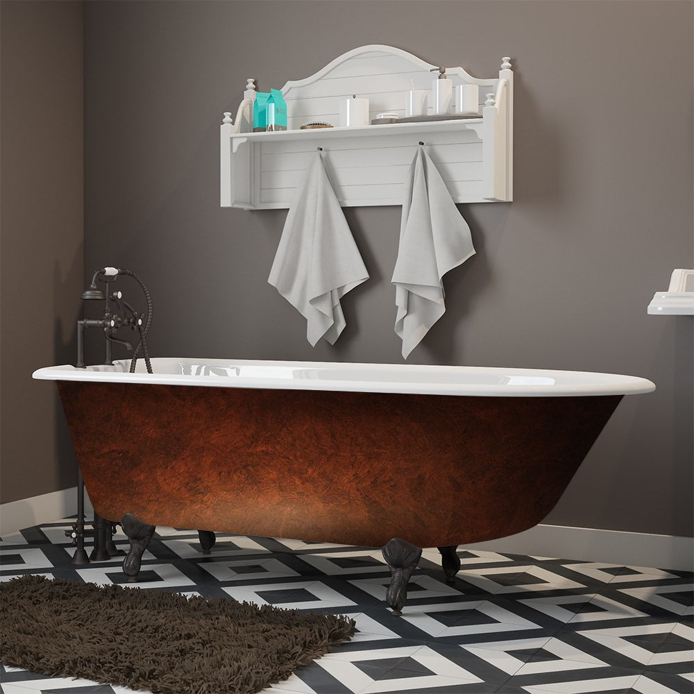 Cast Iron Clawfoot Bathtub 61" X 30" Faux Copper Bronze Finish on Exterior with 7" Deck Mount Faucet Drillings and Oil Rubbed Bronze Feet