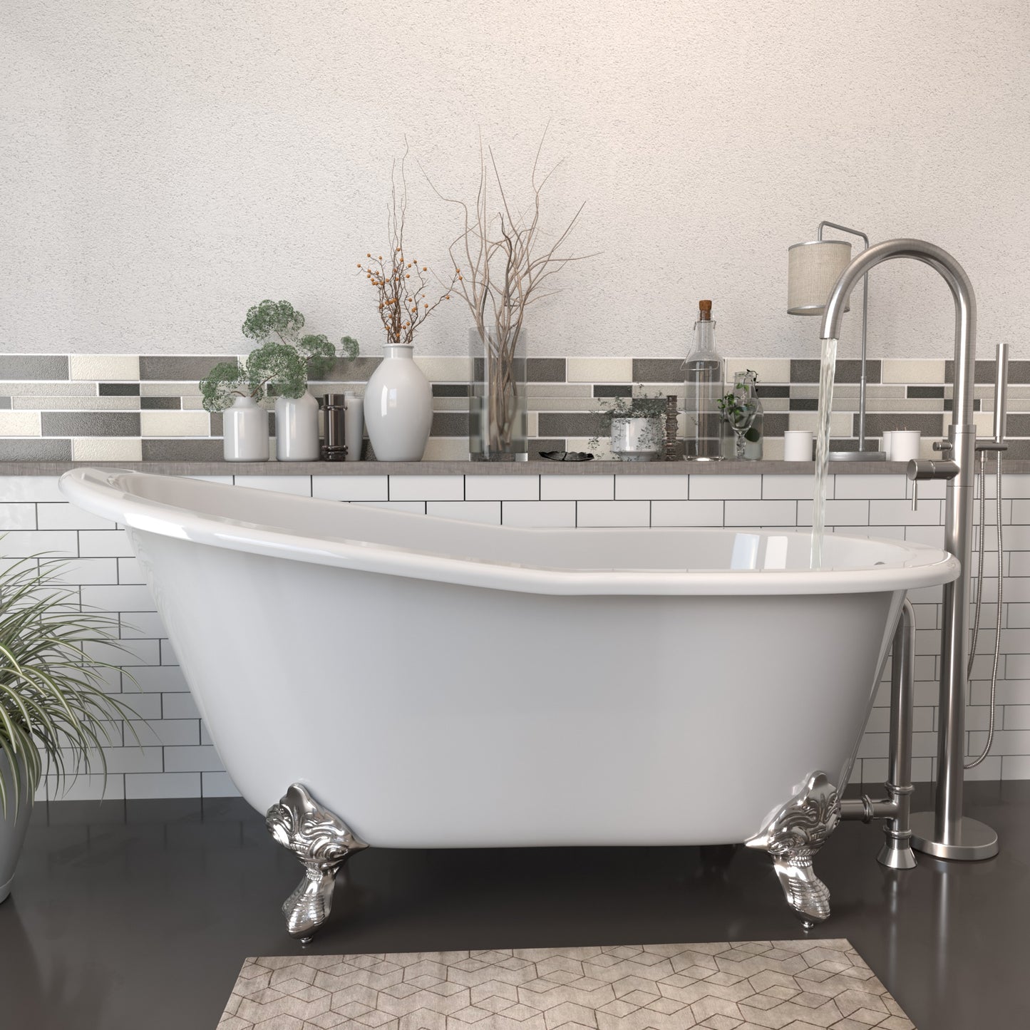 Cast Iron Slipper Clawfoot Tub 61" X 30" with no Faucet Drillings and Complete Brushed Nickel Modern Freestanding Tub Filler with Hand Held Shower Assembly Plumbing Package