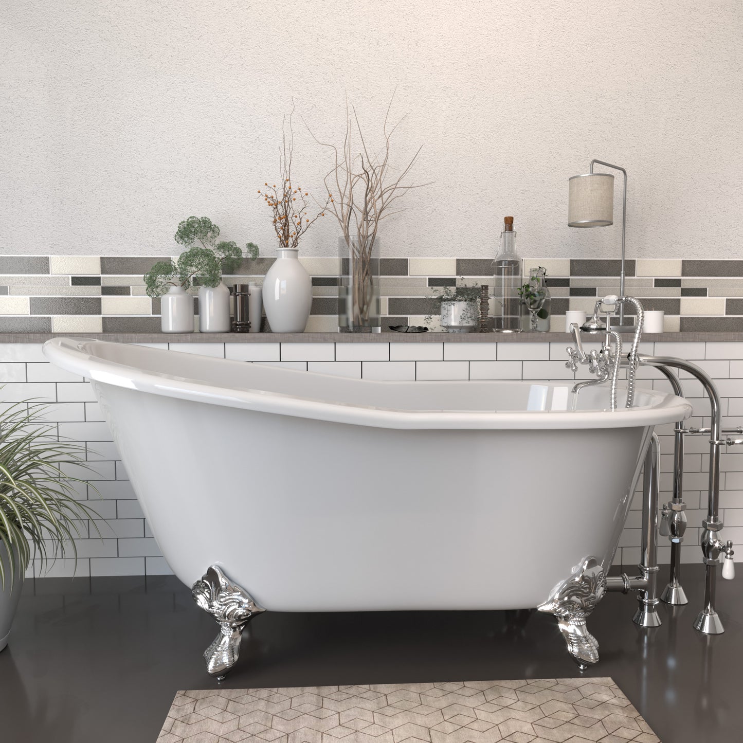 Cast Iron Slipper Clawfoot Tub 61" X 30" with No Faucet Drillings and Complete Free Standing British Telephone Faucet and Hand Held Shower Polished Chrome Package
