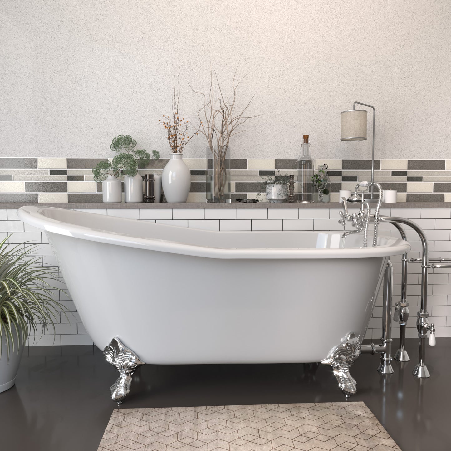 Cast Iron Slipper Clawfoot Tub 67" X 30" with No Faucet Drillings and Complete Free Standing British Telephone Faucet and Hand Held Shower Polished Chrome Package