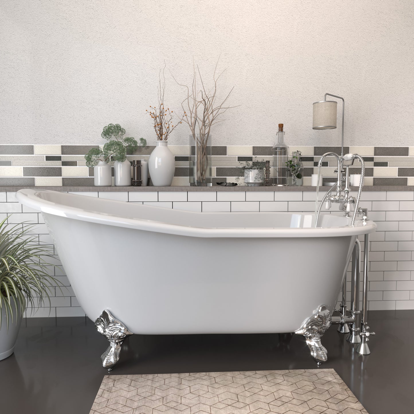 Cast Iron Slipper Clawfoot Tub 67" X 30" with 7" Deck Mount Faucet Drillings and English Telephone Style Faucet Complete Polished Chrome Plumbing Package
