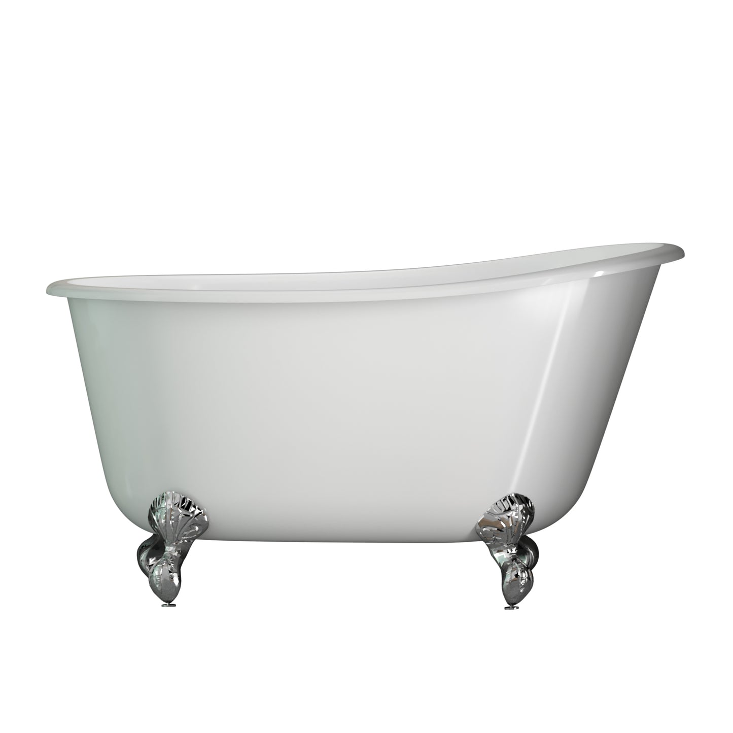 Cast Iron Swedish Slipper Tub 54" X 30" with No Faucet Drillings and Polished Chrome Feet