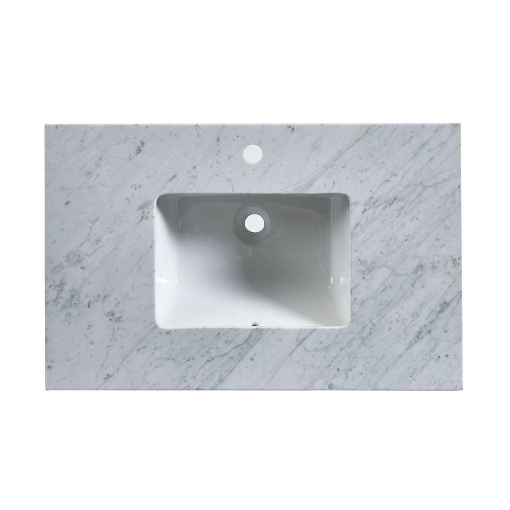 36" x 23" x 3.5" Carrara White Marble Top with Single Sink, Undermount White Rectangular Ceramic (1-hole)
