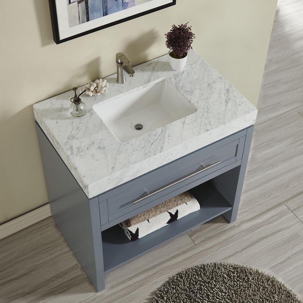 36" x 23" x 3.5" Carrara White Marble Top with Single Sink, Undermount White Rectangular Ceramic (1-hole)
