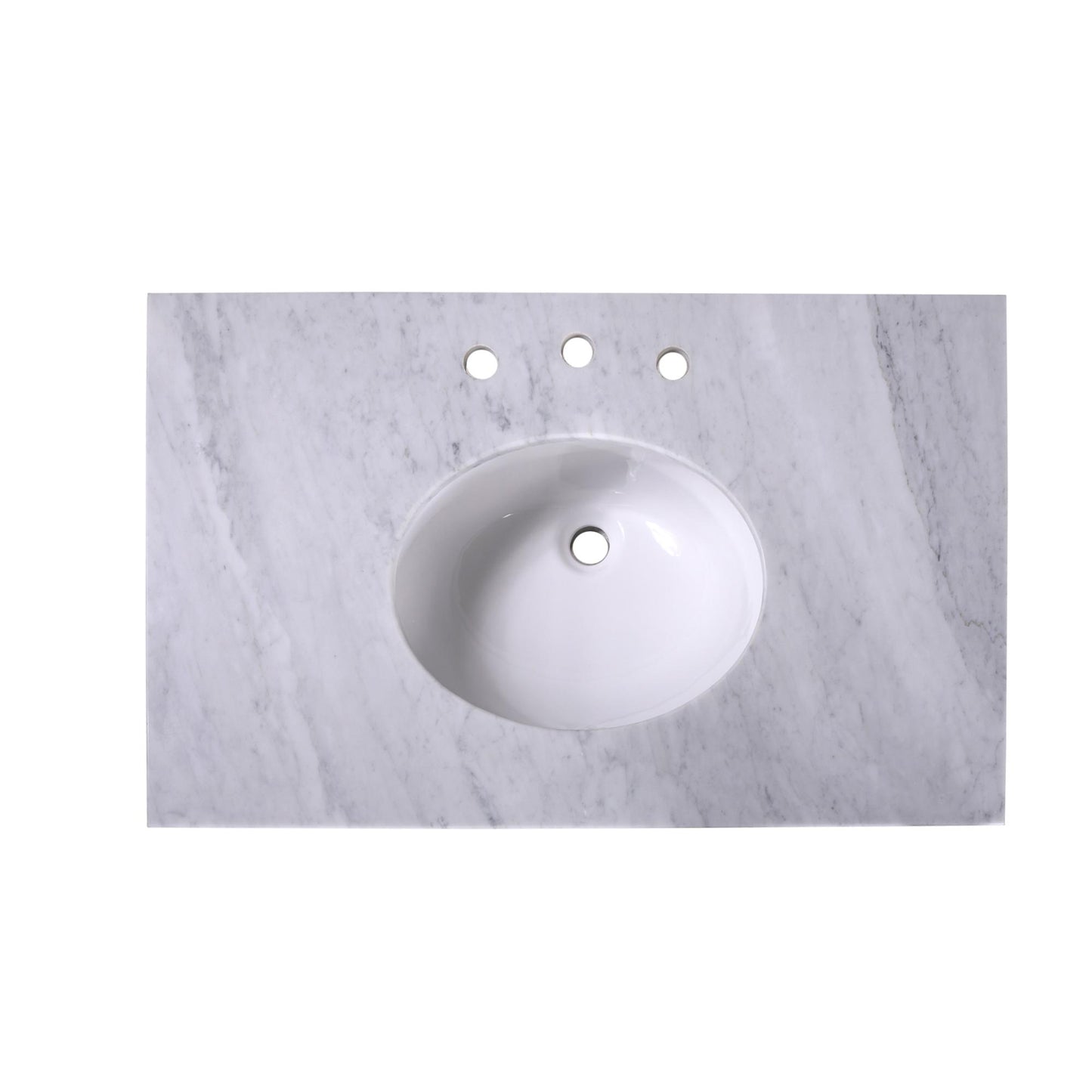 36" x 22" x 0.75" Carrara White Marble Top - 4" Backsplash, Single Oval Ceramic Sink (8" spread)