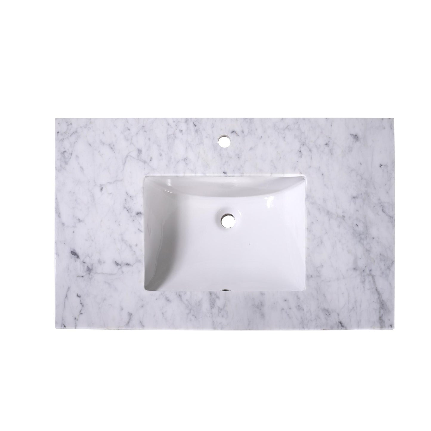 36" x 22" x 0.75" Carrara White Marble Top - 4" Backsplash, Single Rectangle Ceramic Sink (1-hole)
