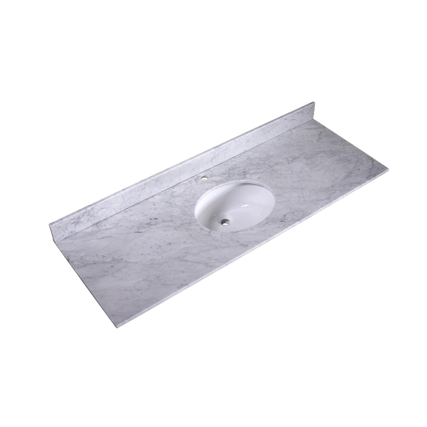 60" x 22" x 0.75" Carrara White Marble Top - 4" Backsplash, Single (Center) Oval Ceramic Sink (1-hole)