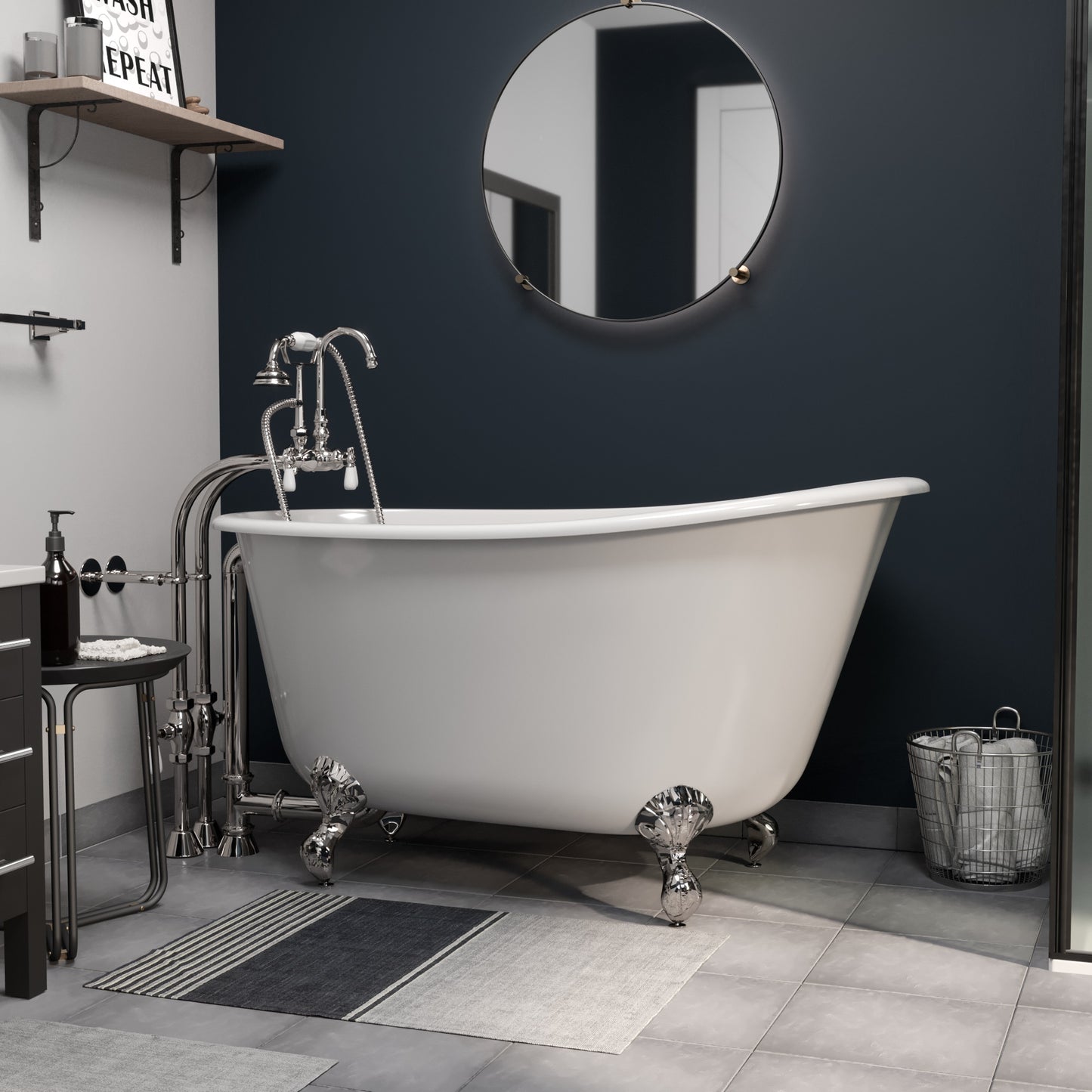 Cast Iron Swedish Slipper Tub 54" X 30" with no Faucet Drillings and Complete Polished Chrome Free Standing English Telephone Style Faucet with Hand Held Shower Assembly Plumbing Package