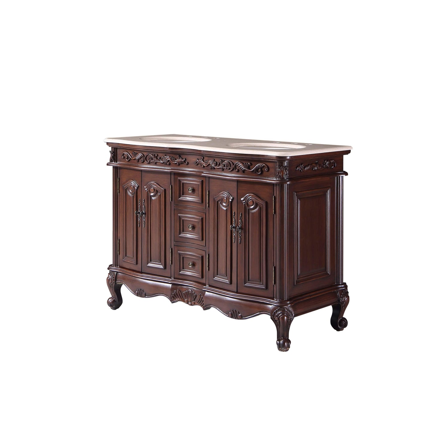 48" Double Sink Cabinet - Crema Marfil Top, Undermount White Ceramic Sinks (3-hole)