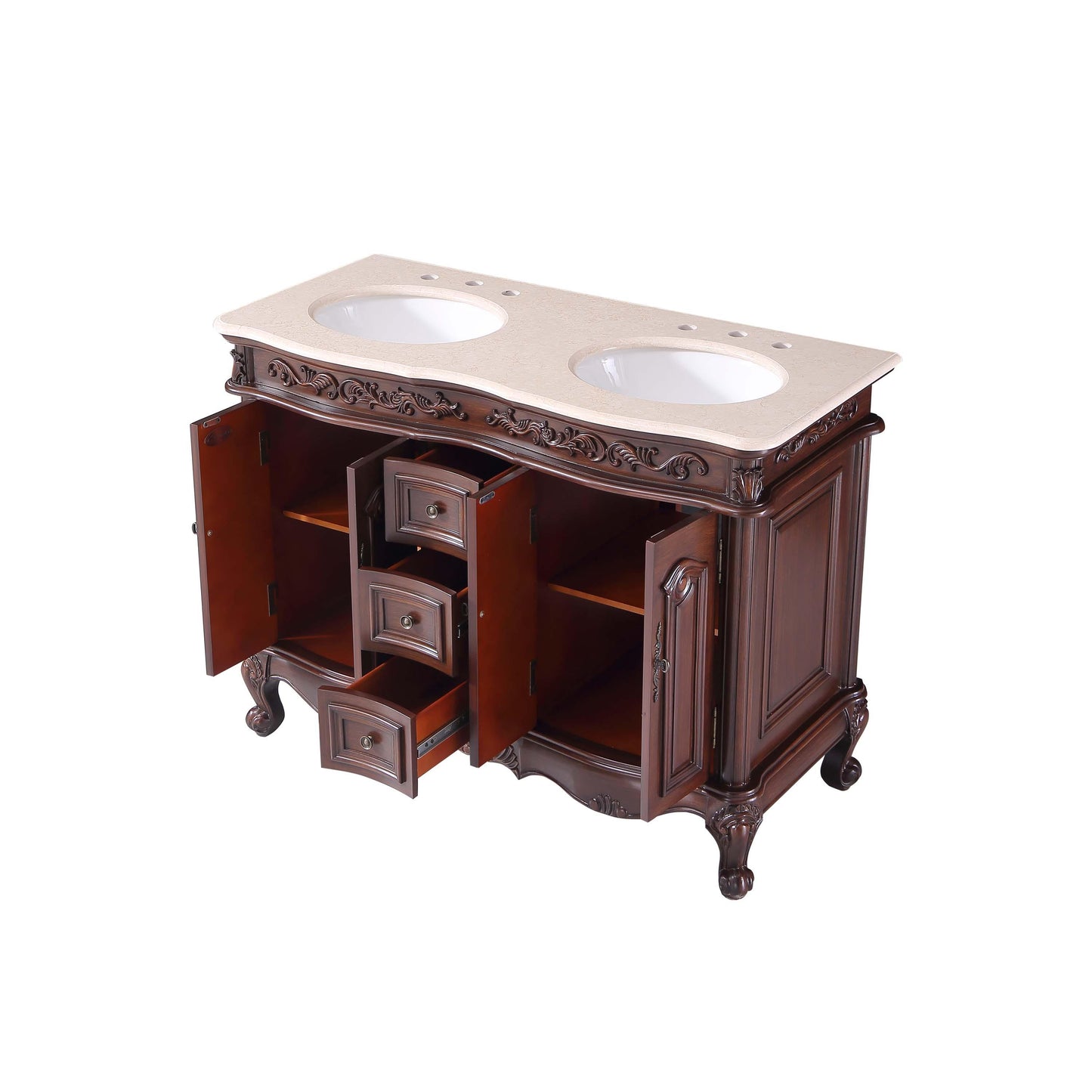 48" Double Sink Cabinet - Crema Marfil Top, Undermount White Ceramic Sinks (3-hole)