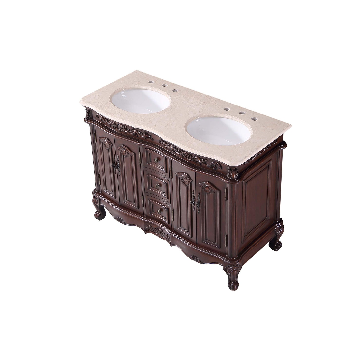 48" Double Sink Cabinet - Crema Marfil Top, Undermount White Ceramic Sinks (3-hole)