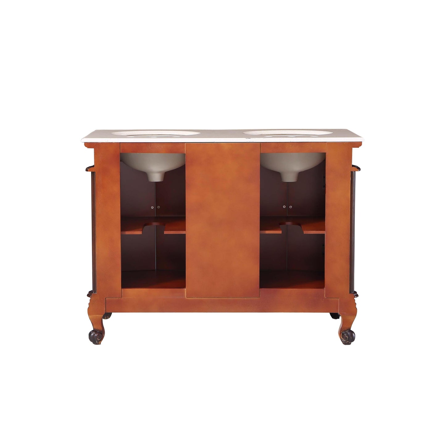48" Double Sink Cabinet - Crema Marfil Top, Undermount White Ceramic Sinks (3-hole)