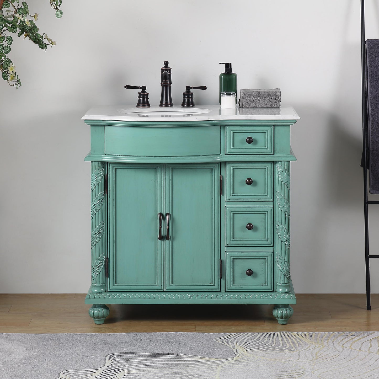 36" Single (Left) Sink Green Cabinet - Carrara White Marble Top, Ceramic Sink (3-hole)..
