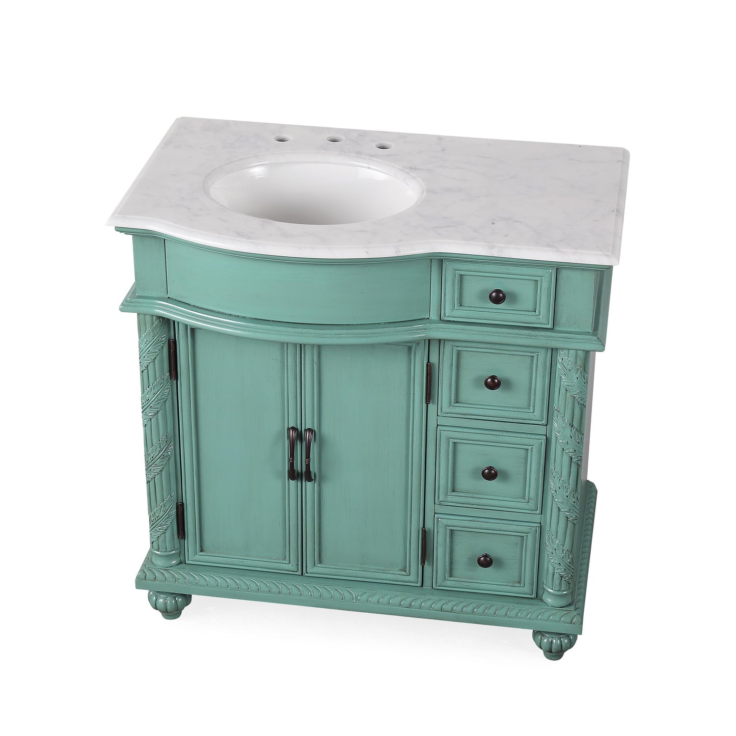 36" Single (Left) Sink Green Cabinet - Carrara White Marble Top, Ceramic Sink (3-hole)..