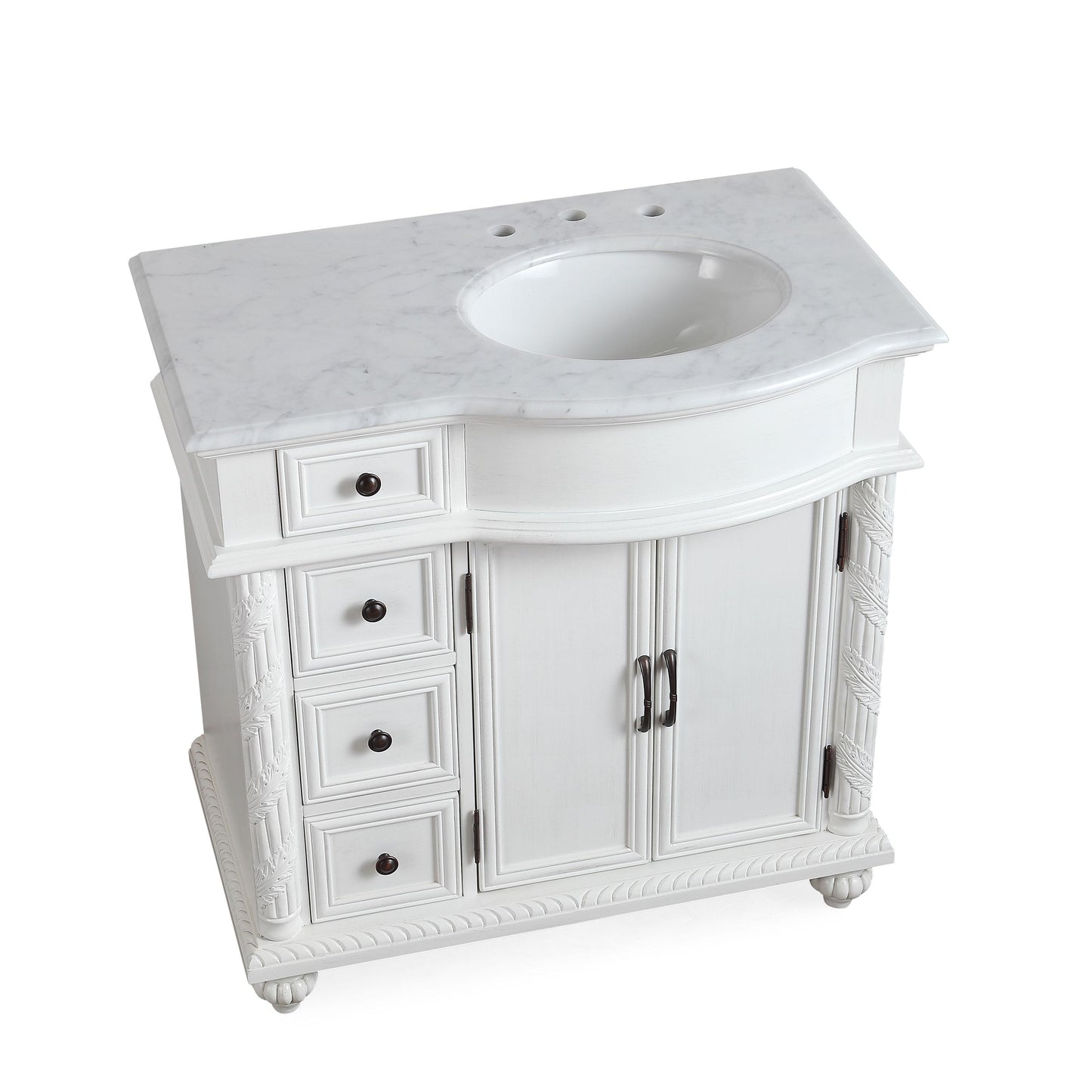 36" Single (Right) Sink White Cabinet - Carrara White Marble Top, Ceramic Sink (3-hole)..