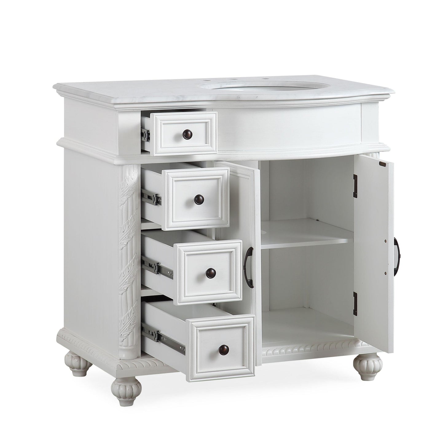 36" Single (Right) Sink White Cabinet - Carrara White Marble Top, Ceramic Sink (3-hole)..