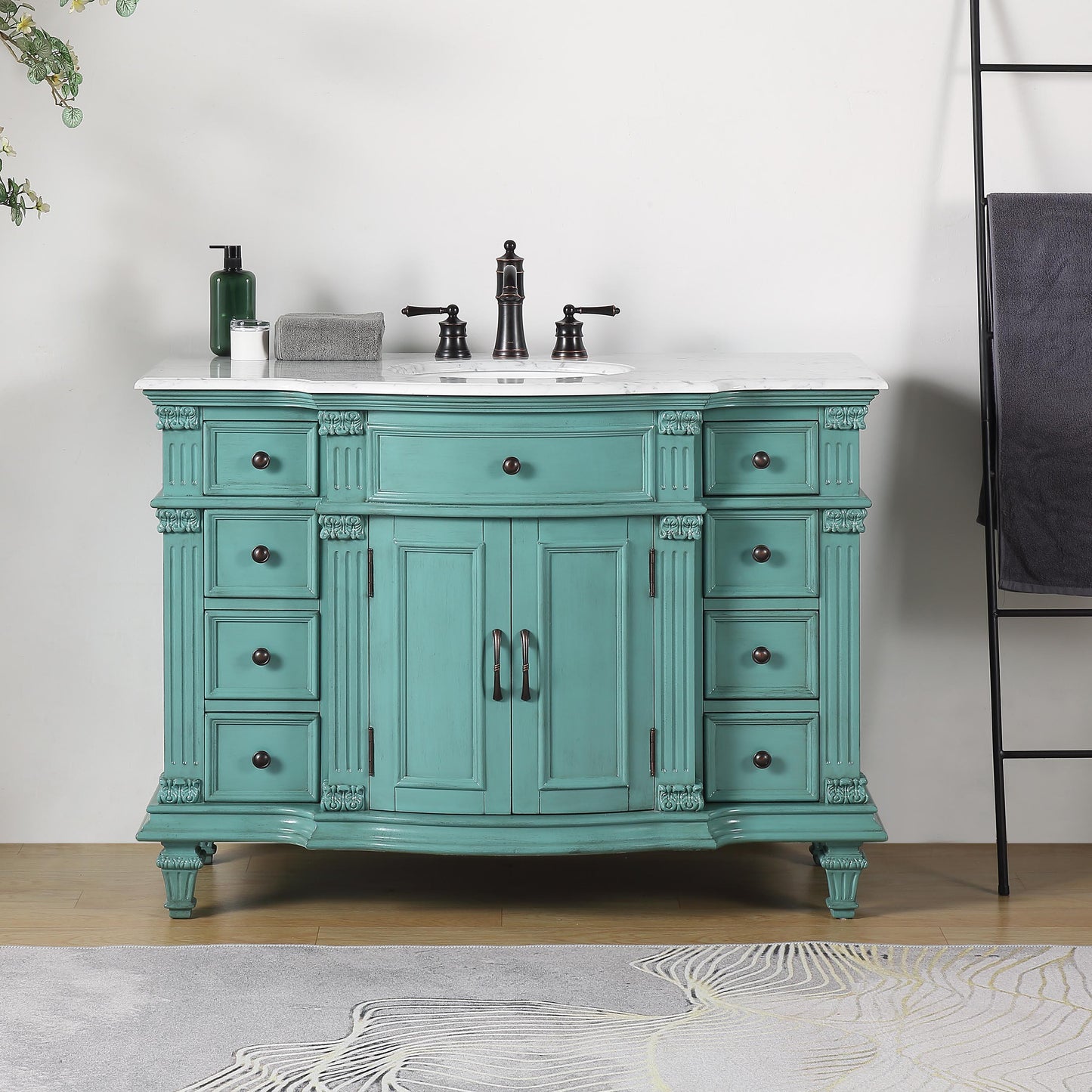 48" Single Sink Green Cabinet - Carrara White Marble Top, Ceramic Sink (3-hole)