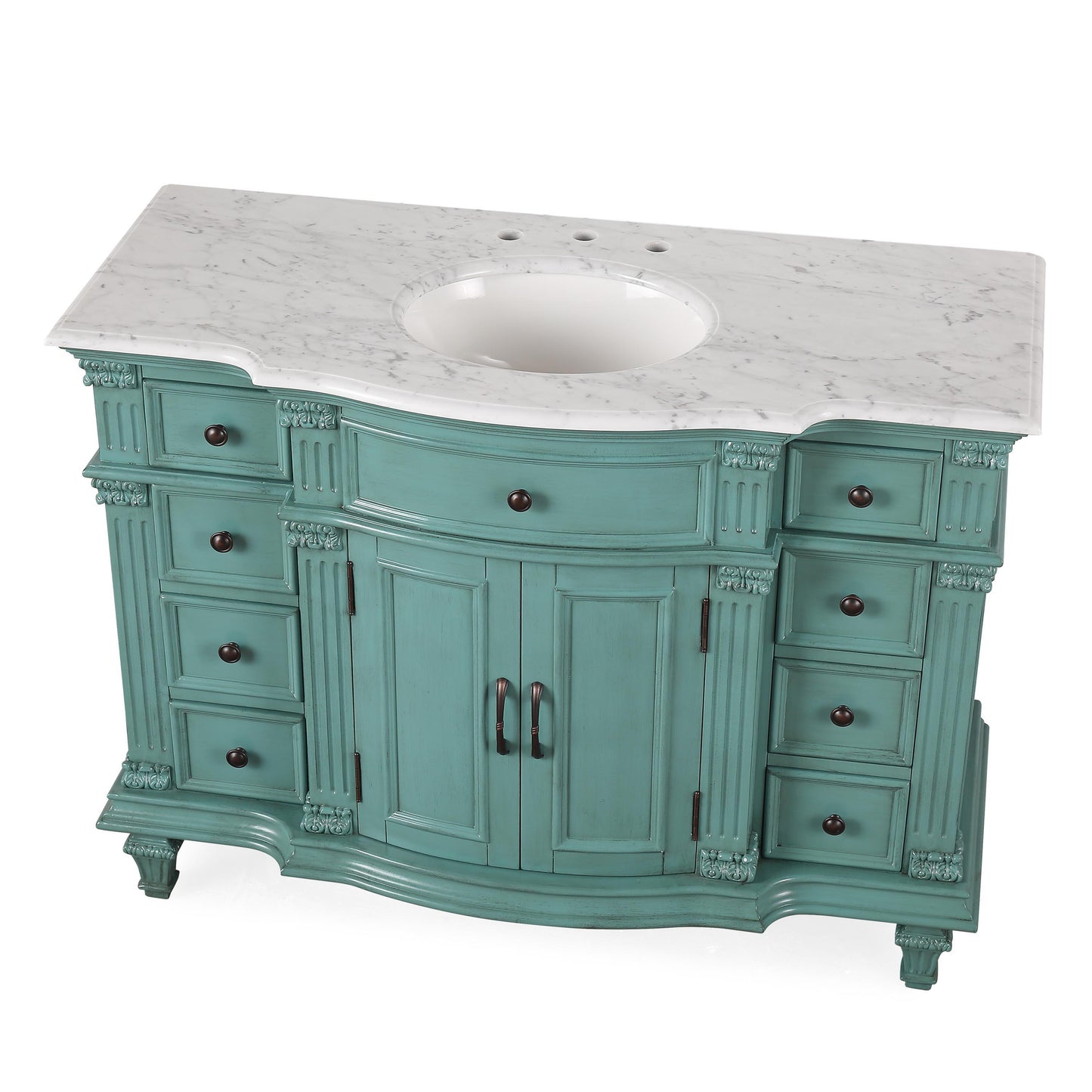 48" Single Sink Green Cabinet - Carrara White Marble Top, Ceramic Sink (3-hole)