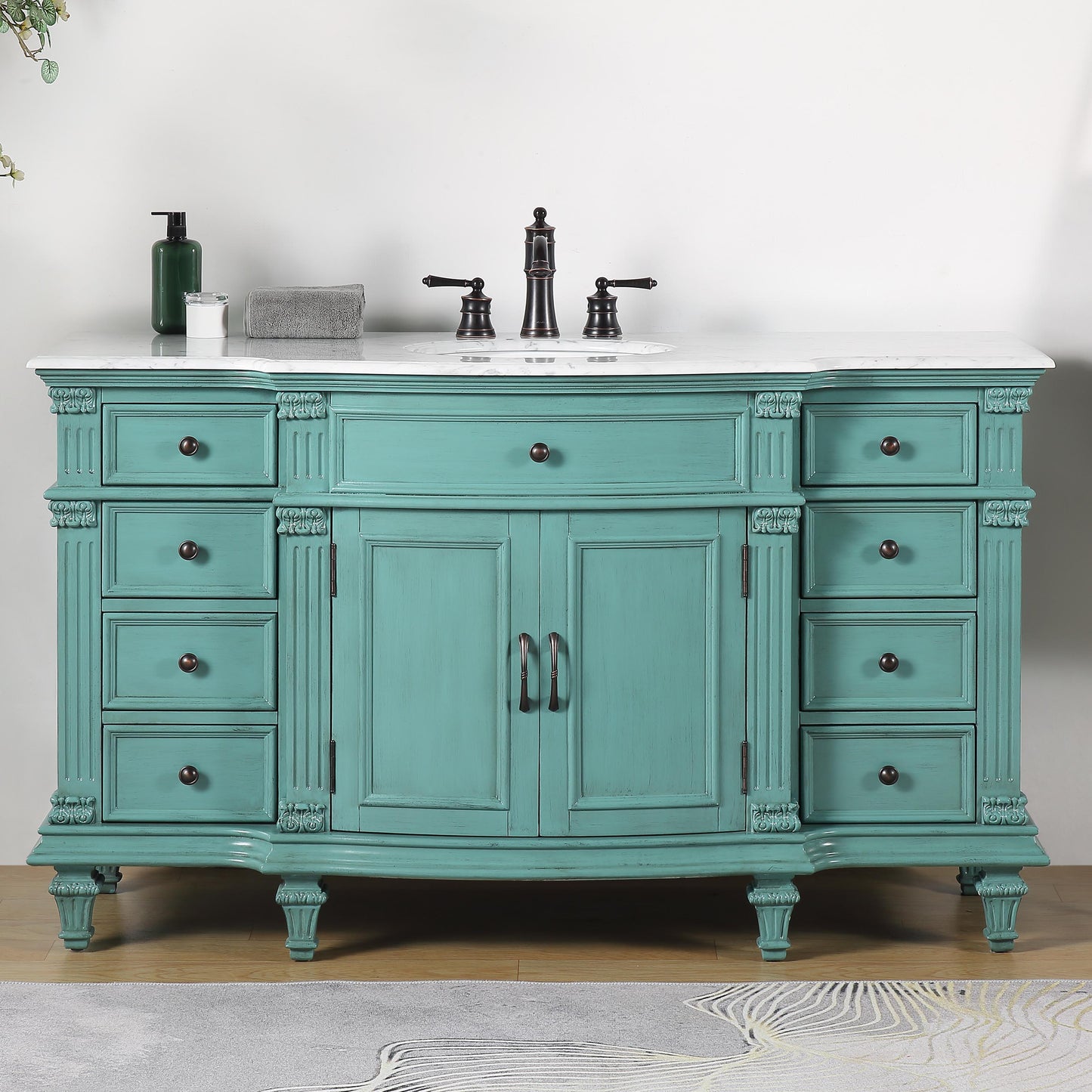 60" Single Sink Green Cabinet - Carrara White Marble Top, Ceramic Sink (3-hole)