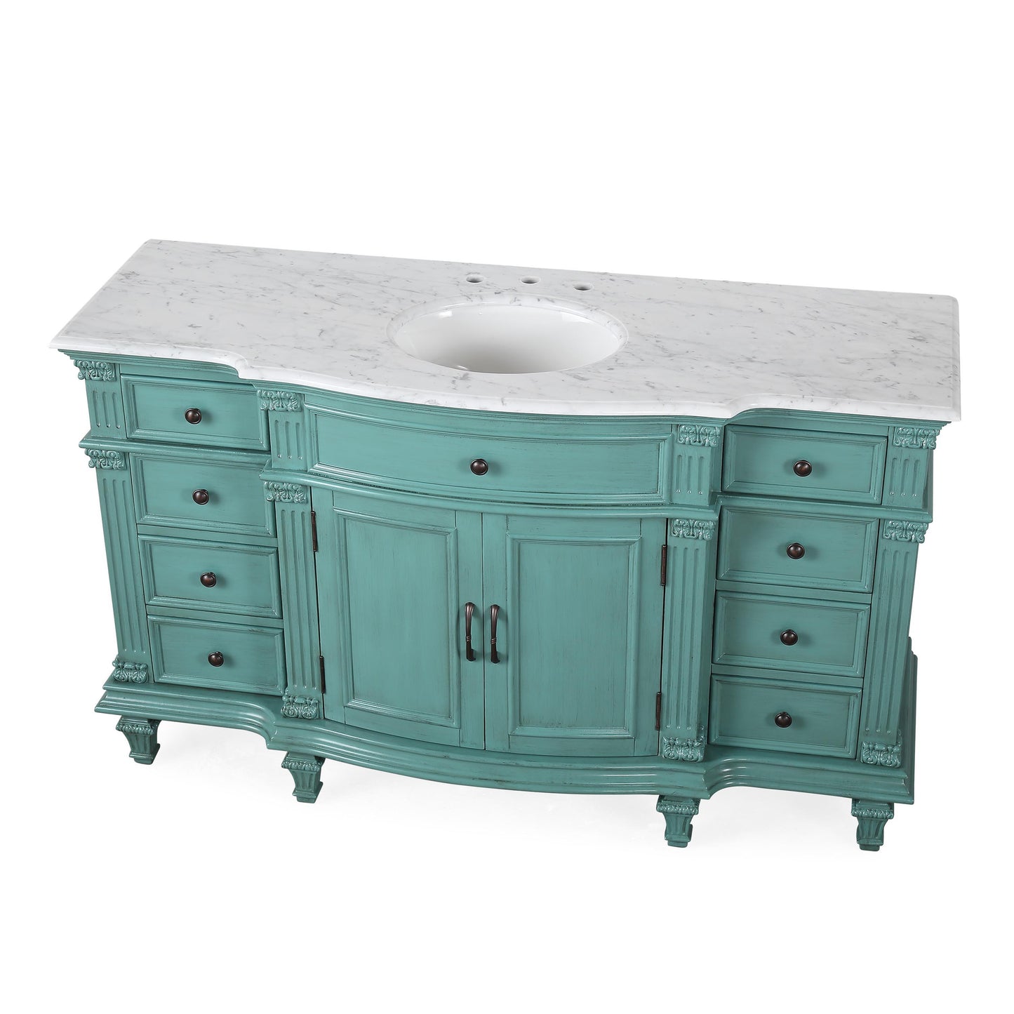 60" Single Sink Green Cabinet - Carrara White Marble Top, Ceramic Sink (3-hole)
