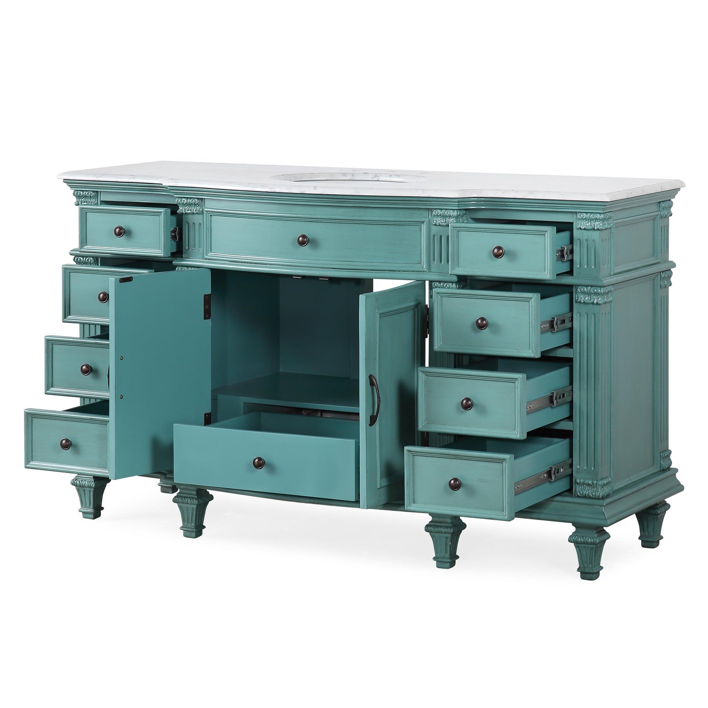 60" Single Sink Green Cabinet - Carrara White Marble Top, Ceramic Sink (3-hole)