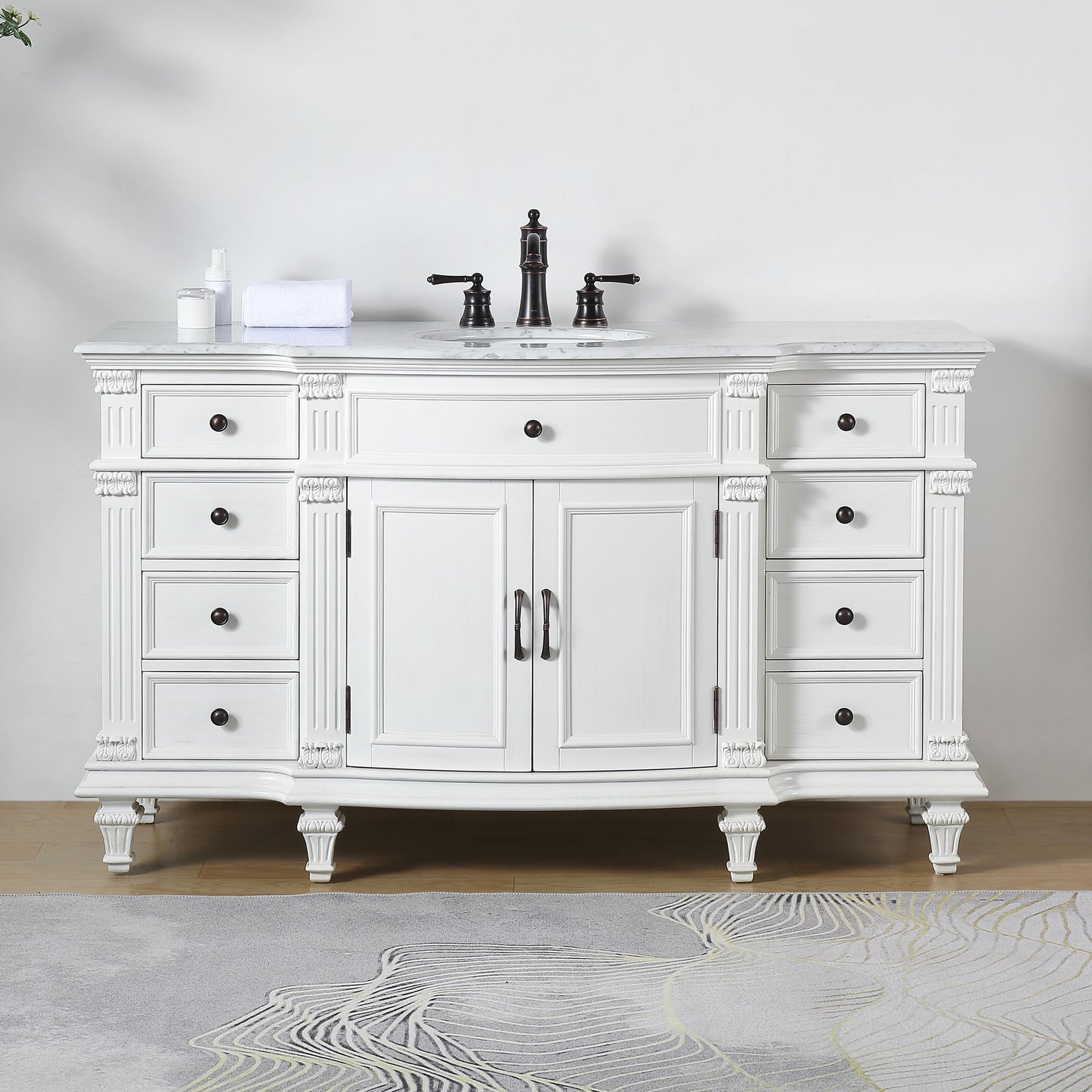 60" Single Sink White Cabinet - Carrara White Marble Top, Ceramic Sink (3-hole)