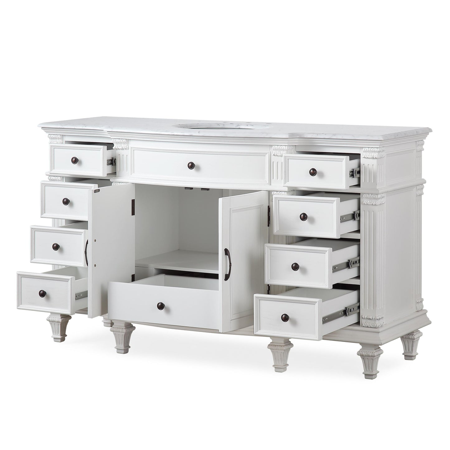 60" Single Sink White Cabinet - Carrara White Marble Top, Ceramic Sink (3-hole)