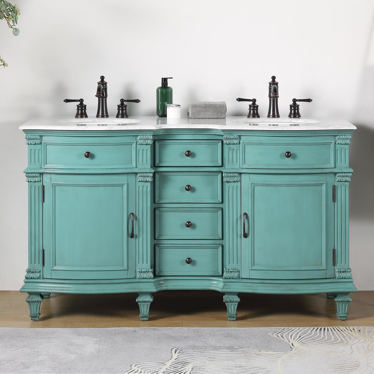 60" Double Sink Green Cabinet - Carrara White Marble Top, Ceramic Sink (3-hole)