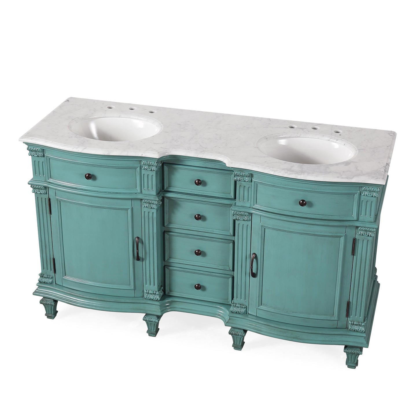60" Double Sink Green Cabinet - Carrara White Marble Top, Ceramic Sink (3-hole)