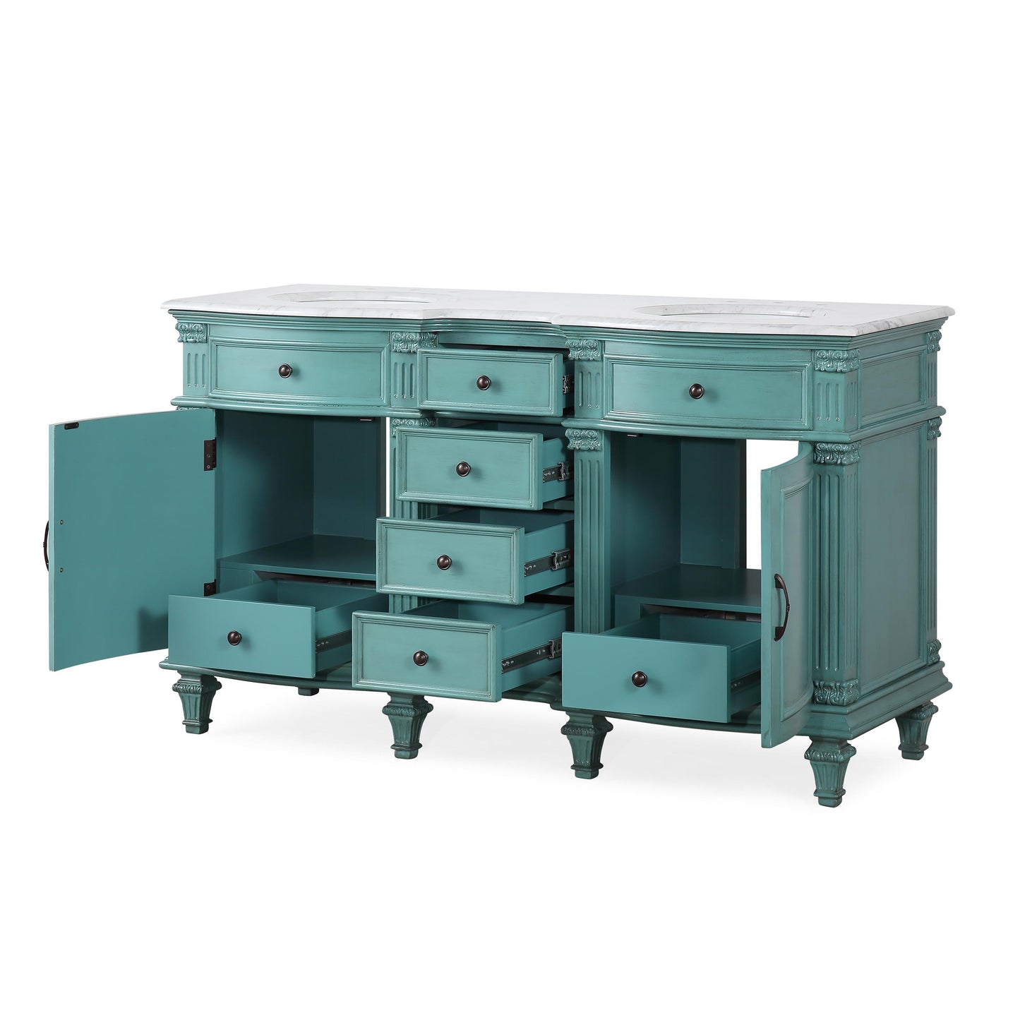 60" Double Sink Green Cabinet - Carrara White Marble Top, Ceramic Sink (3-hole)