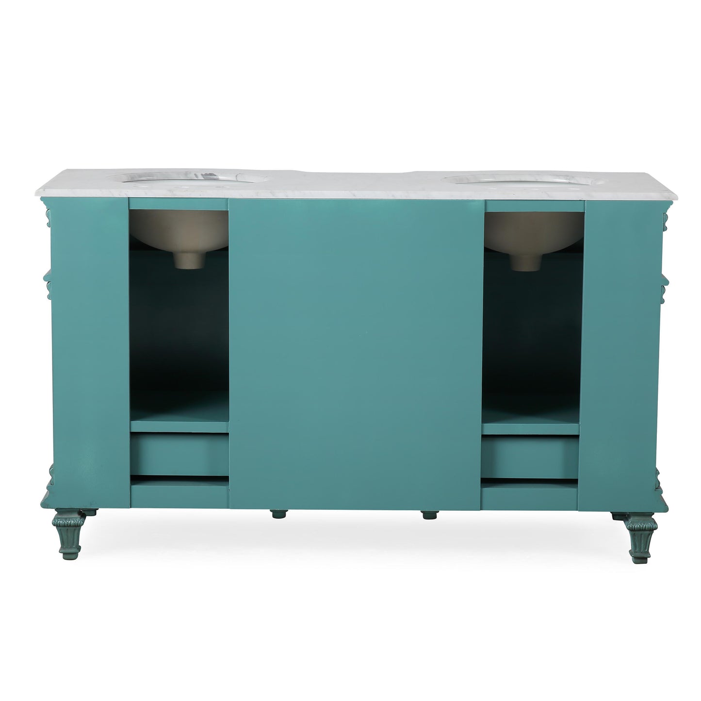 60" Double Sink Green Cabinet - Carrara White Marble Top, Ceramic Sink (3-hole)